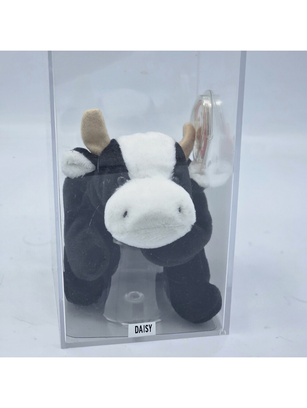 Ty Beanie Baby DAISY Cow Plush w/ Tag Protector & Acrylic Display Case